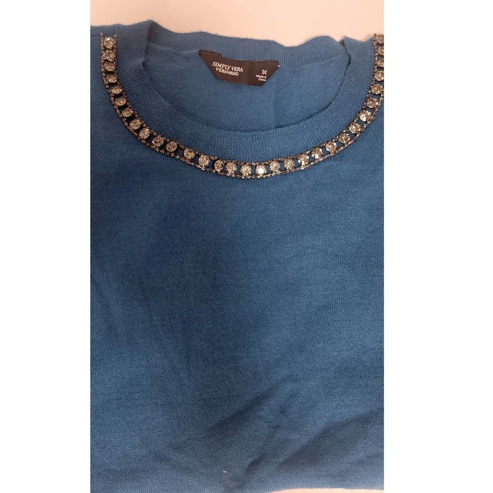Simply Vera Vera Wang Teal Blue Rhinestone Embellished Knit Sweater Top 1X NEW